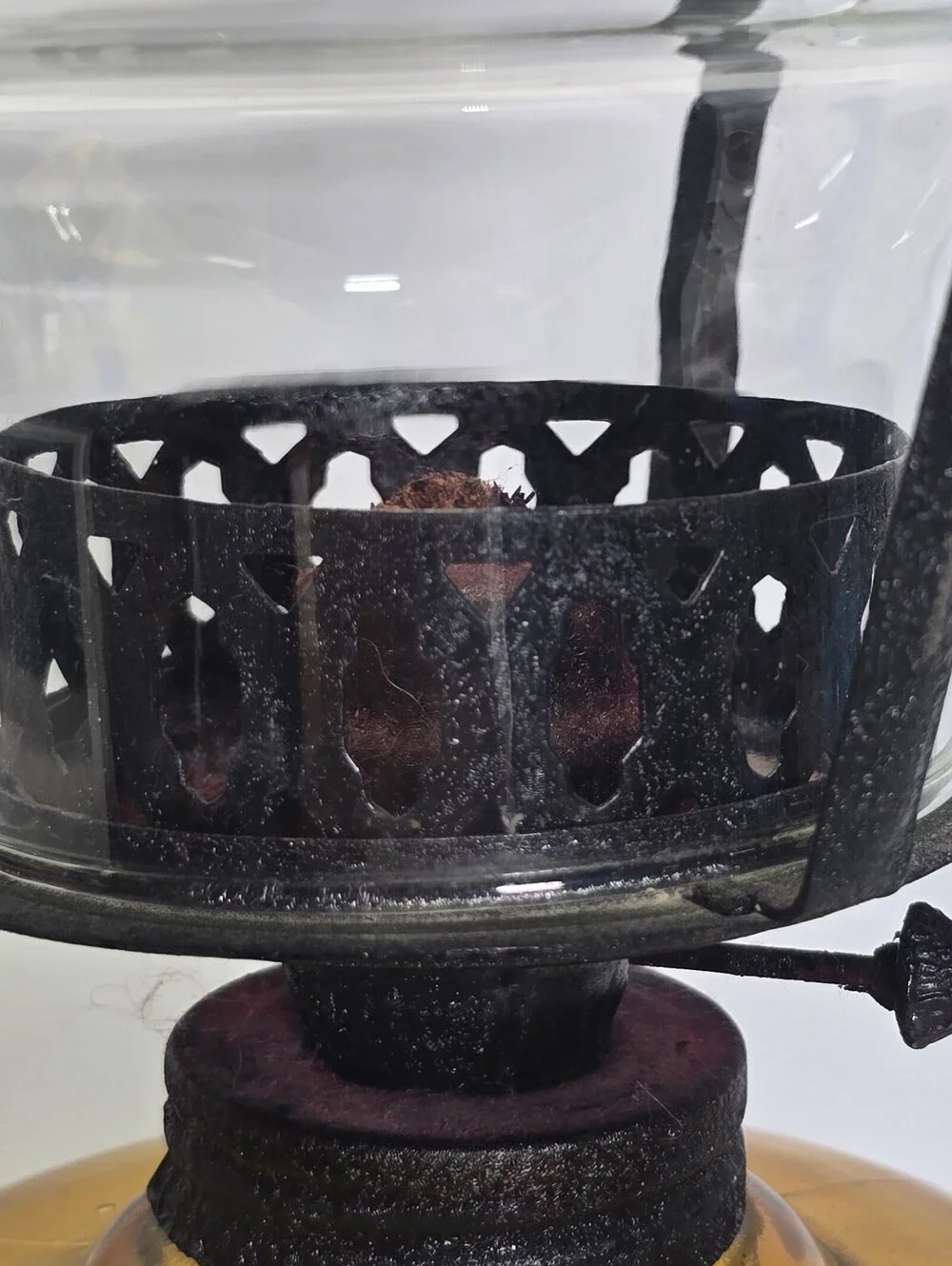 Vintage Amber Glass Hurricane Oil Lamp Metal Shade Pedestal Scalloped Chimney